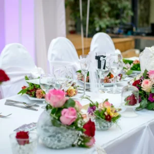 Elegant White and Floral Wedding Reception Table Decor Setup